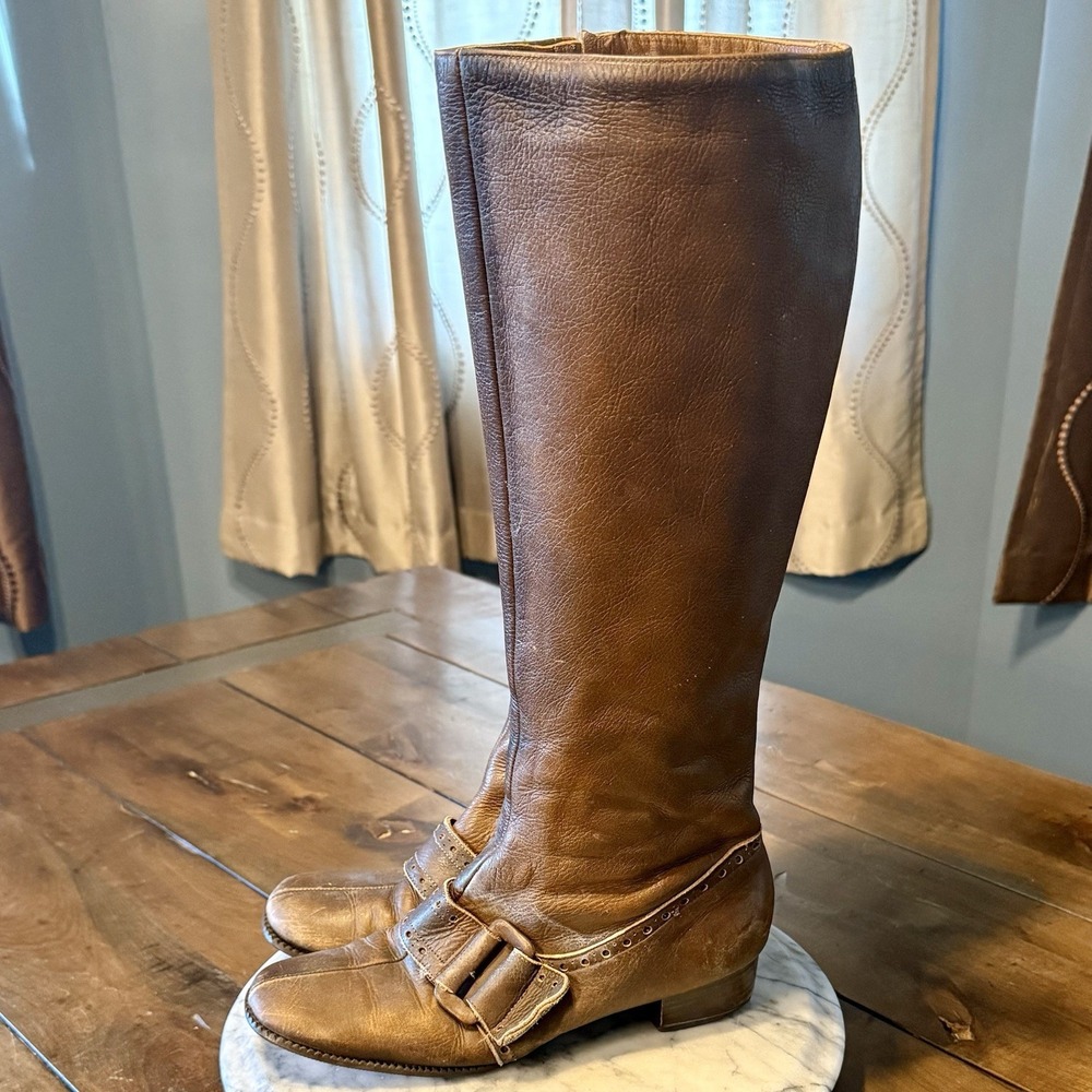 VTG 60s MCM Mod Brown Leather Fleece GoGo Wingtip Buckle Boho Hippie Boots Sz 7